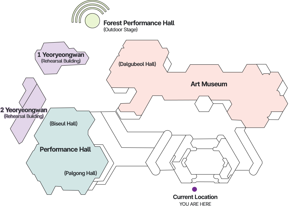 Yeoryeongwan(Rehearsal Building), Performance Hall(Biseul Hall·Palgong Hall), Art Museum(Dalgubeol Hall), Forest Performance Hall(Outdoor Stage), Current Location(you are here)